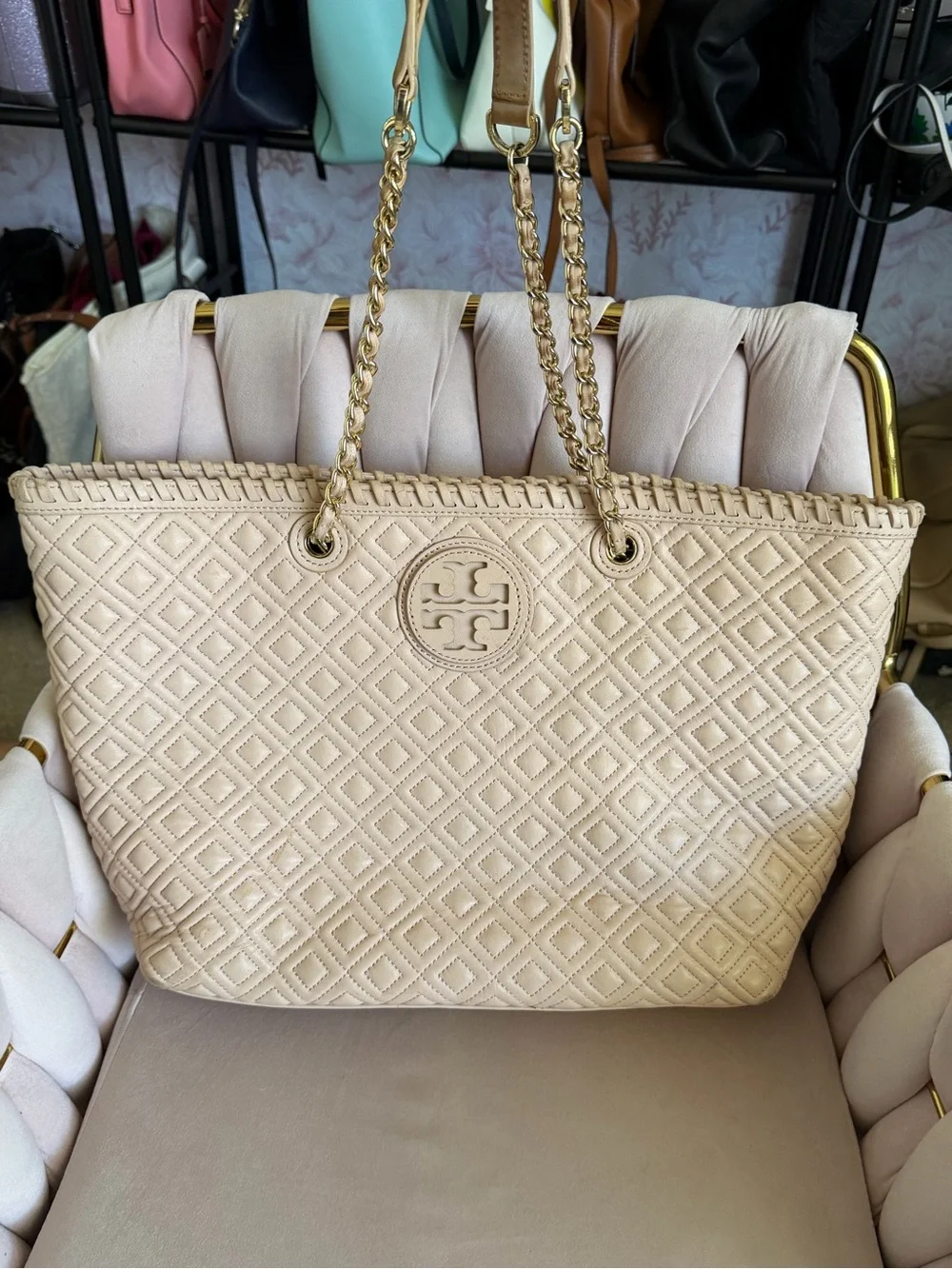 Tory Burch Marion Beige Quilted Leather Tote